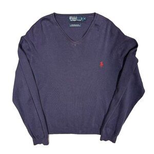Vintage Polo Ralph Lauren Pima Cotton V-Neck Knit Sweater Blue XL